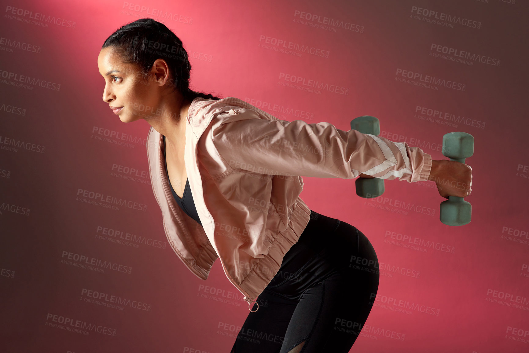 Buy stock photo Fitness, woman and dumbbells in studio background with workout, strength training or cardio challenge. Active, female person and exercise with gym equipment, weight lifting or self care for wellness.