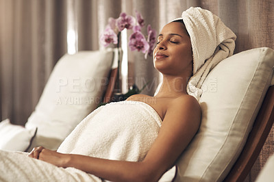 Buy stock photo Spa, woman and relax on chair for calm, zen and peace for physical therapy, health and wellness. Female customer with eyes closed, luxury and towel for a holistic massage and hospitality at a salon