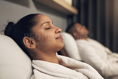 Buy stock photo Shot of a woman looking relaxed while spending the day at a spa