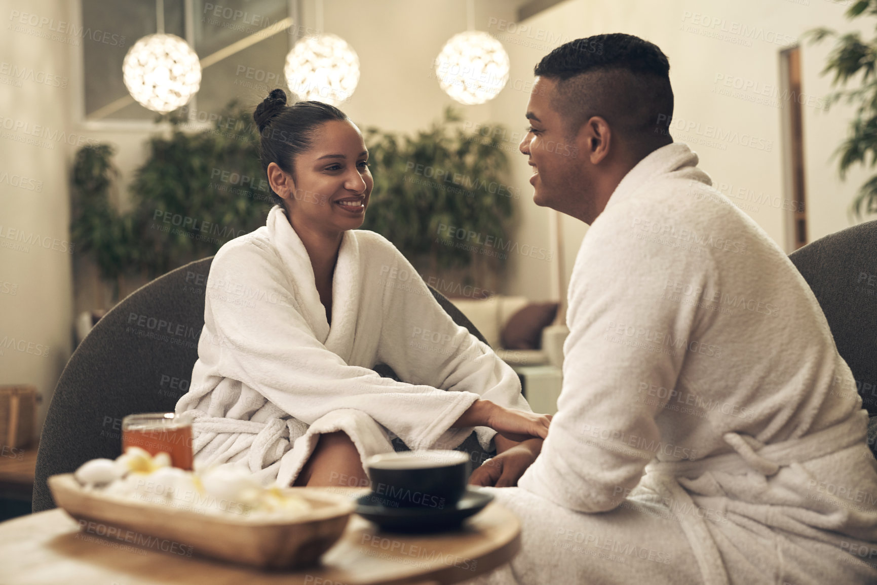 Buy stock photo Shot of a young couple spending the day together at a spa