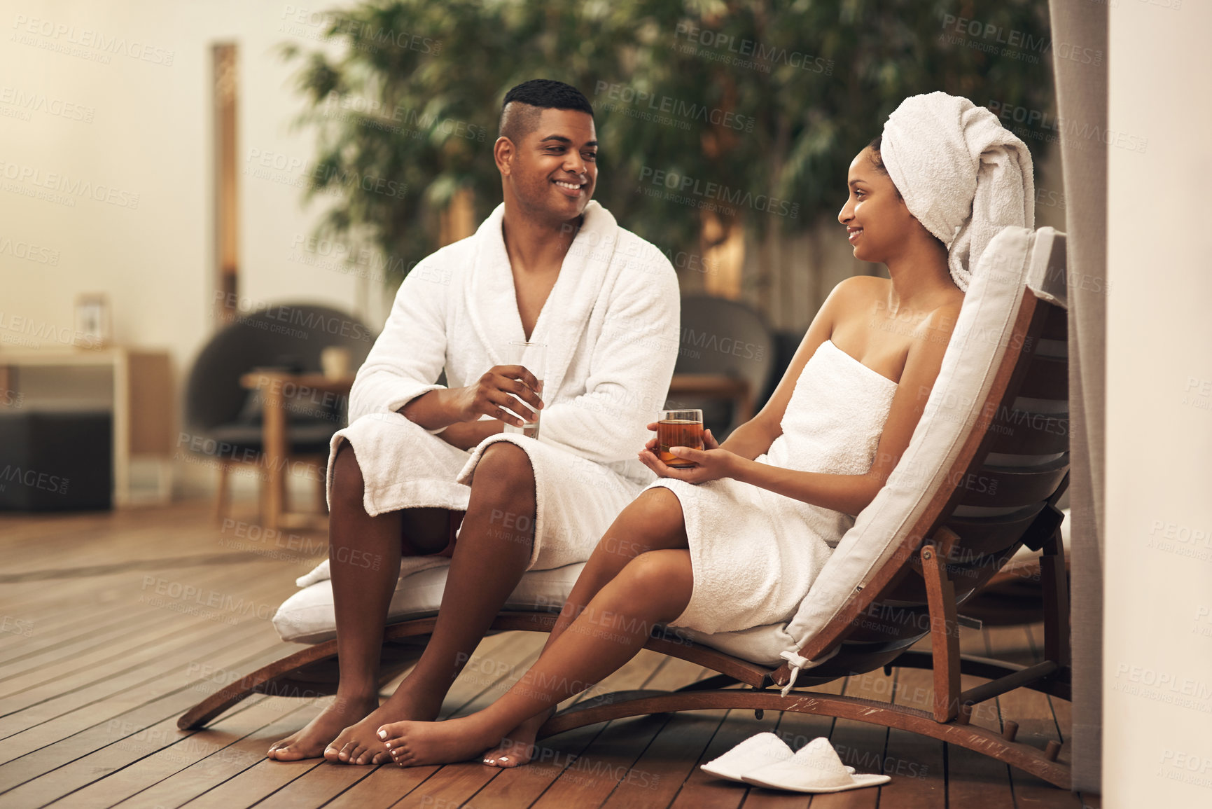 Buy stock photo Shot of a young couple spending the day together at a spa