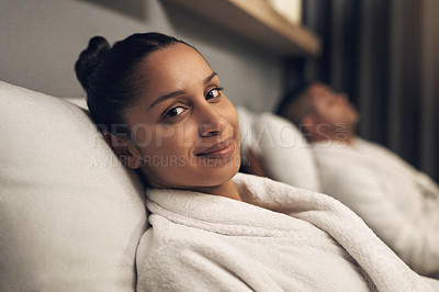 Buy stock photo Shot of a woman smiling while spending the day at a spa