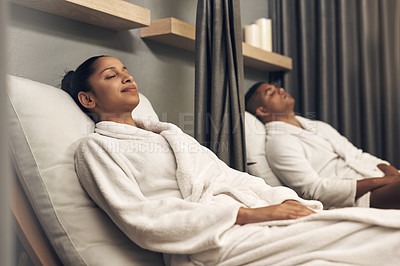 Buy stock photo Shot of a young couple spending the day together at a spa