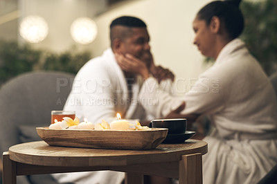 Buy stock photo Shot of a young couple spending the day together at a spa