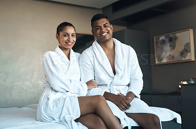 Buy stock photo Portrait of a young couple at a spa