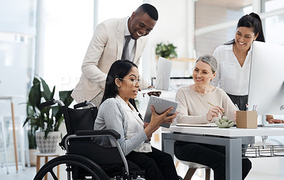 Buy stock photo Cropped shot of a group of diverse businesspeople having an informal meeting in their office