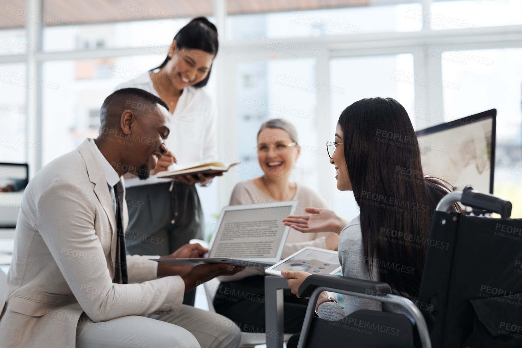 Buy stock photo Meeting, inclusion or people in office with laptop, budget review or ideas for funding pitch. Wheelchair, tech or finance consultant with disability, team insight or collaboration for investment plan