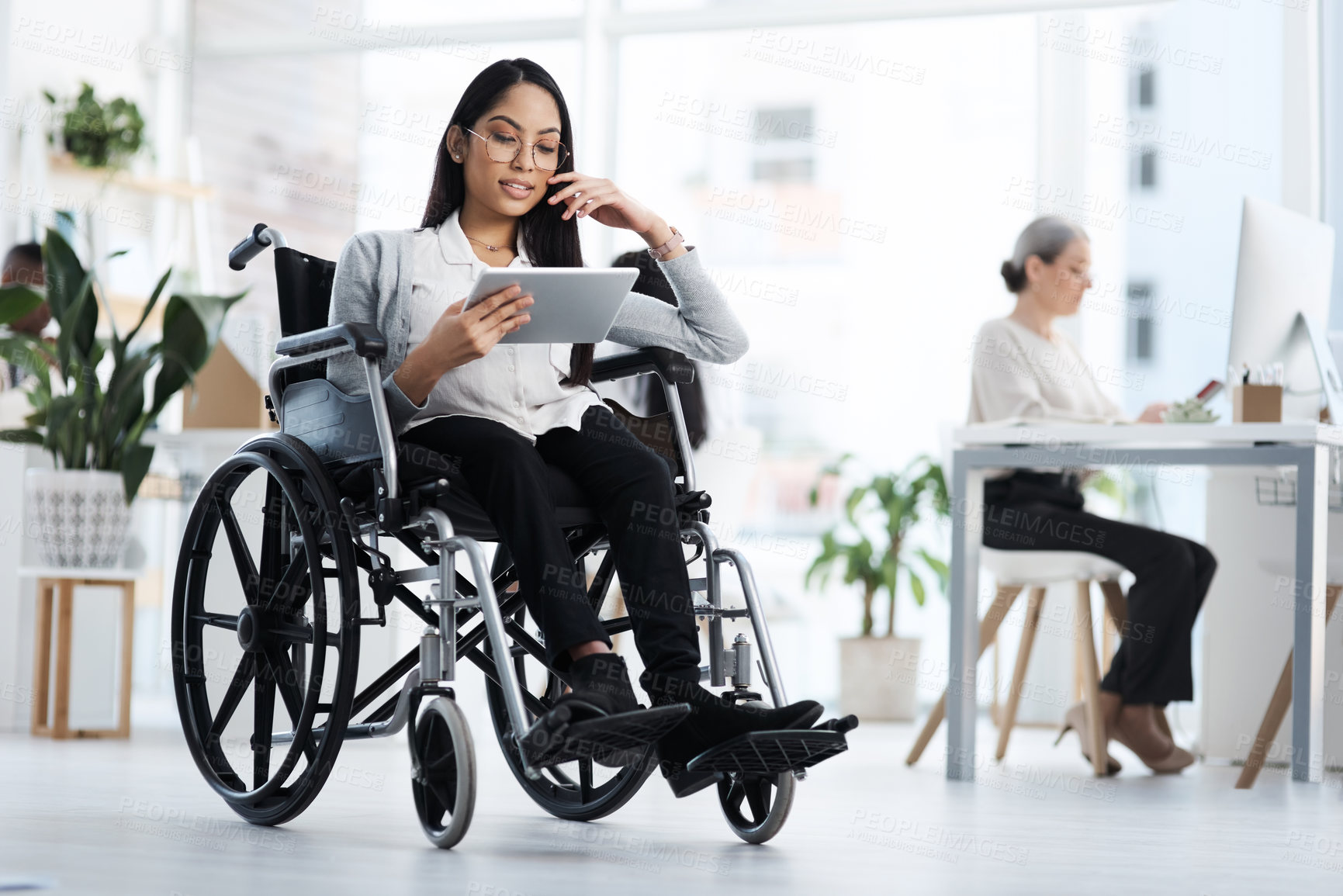 Buy stock photo Full length shot of an attractive young businesswoman in a wheelchair using her tablet in the office