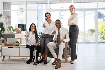 Buy stock photo Full length shot of a group of diverse businesspeople giving you thumbs up while gathered in their office