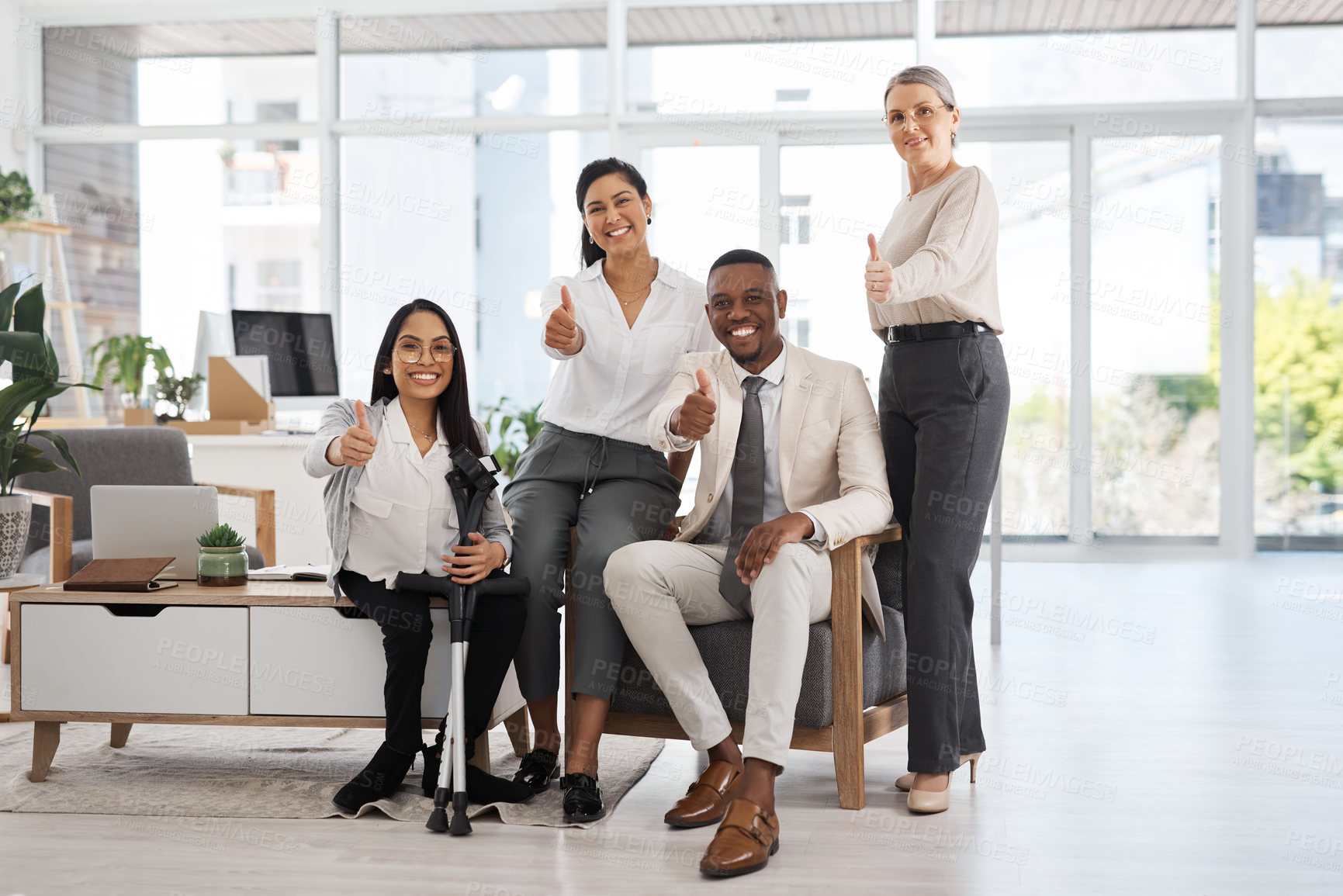 Buy stock photo Full length shot of a group of diverse businesspeople giving you thumbs up while gathered in their office