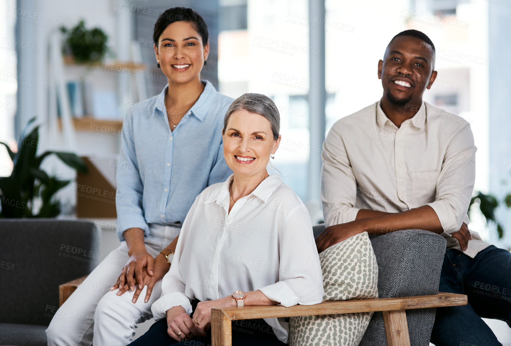 Buy stock photo Portrait, smile and teamwork with business people in office together for career development. Collaboration, manager or meeting with colleague man and women in professional workplace for partnership