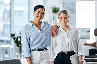 Buy stock photo Portrait, smile and teamwork with business women in office together for career development. Collaboration, employee and mentor with colleague people in professional workplace for partnership