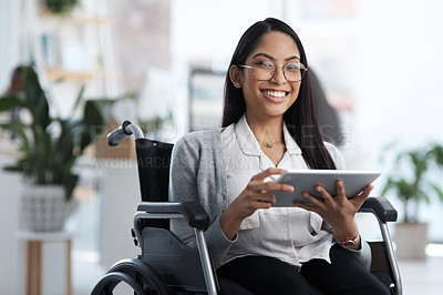 Buy stock photo Happy, portrait and woman with a disability and a tablet for communication and graphic design. Smile, creative and a website designer in a wheelchair with technology for web and software analysis