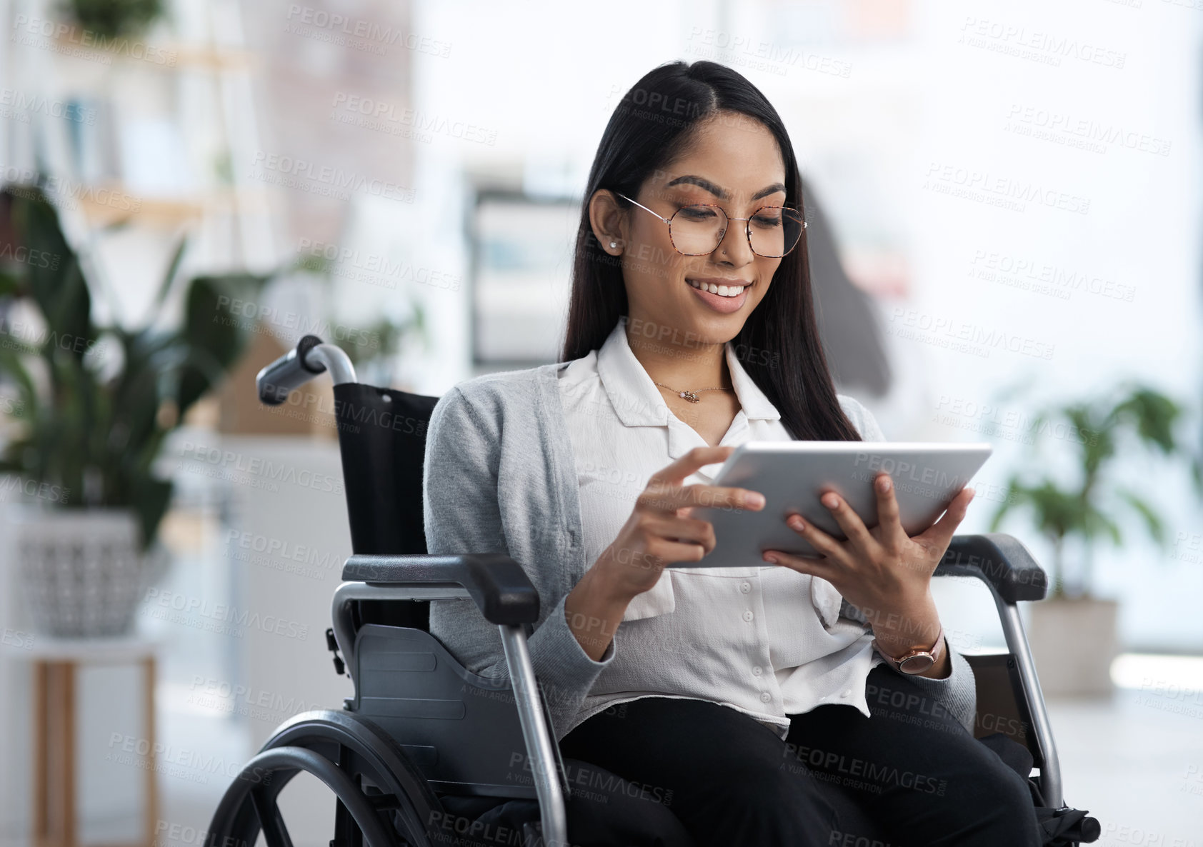 Buy stock photo Email, reading and woman with a disability and a tablet for communication and graphic design. Smile, creative and a website designer in a wheelchair with technology for web and software analysis