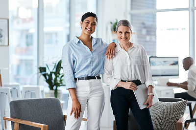 Buy stock photo Collaboration, portrait and smile with business women in office together for career development. Employee, mentor and teamwork with colleague people in professional workplace for partnership