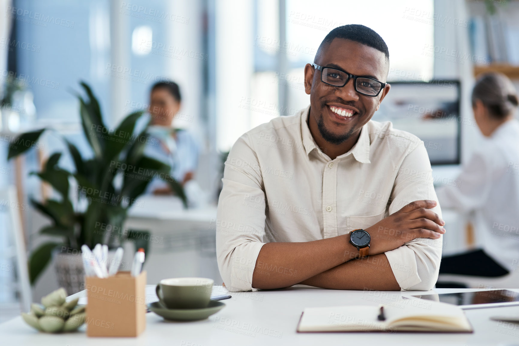 Buy stock photo Smile, notes and portrait of black man at digital agency, office or creative developer with confidence. Happy, website designer or consultant at tech startup with notebook, tablet and planning ideas