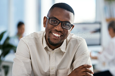 Buy stock photo Smile, glasses and portrait of black man at office, digital agency or creative developer with confidence. Professional, website designer or consultant at tech startup with happy face, pride and trust