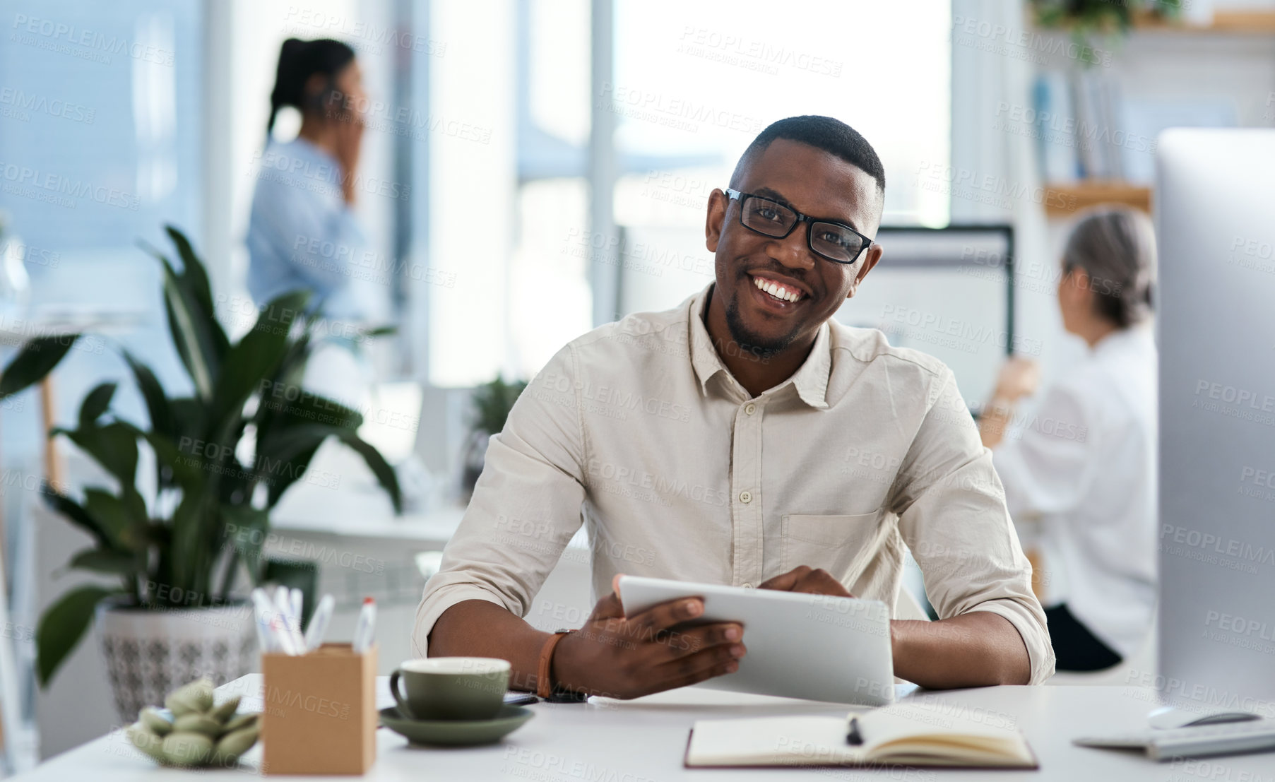 Buy stock photo Notes, tablet and portrait of black man at digital agency with smile, coworking space and creative developer in office. Happy, website designer or consultant at tech startup with online business plan