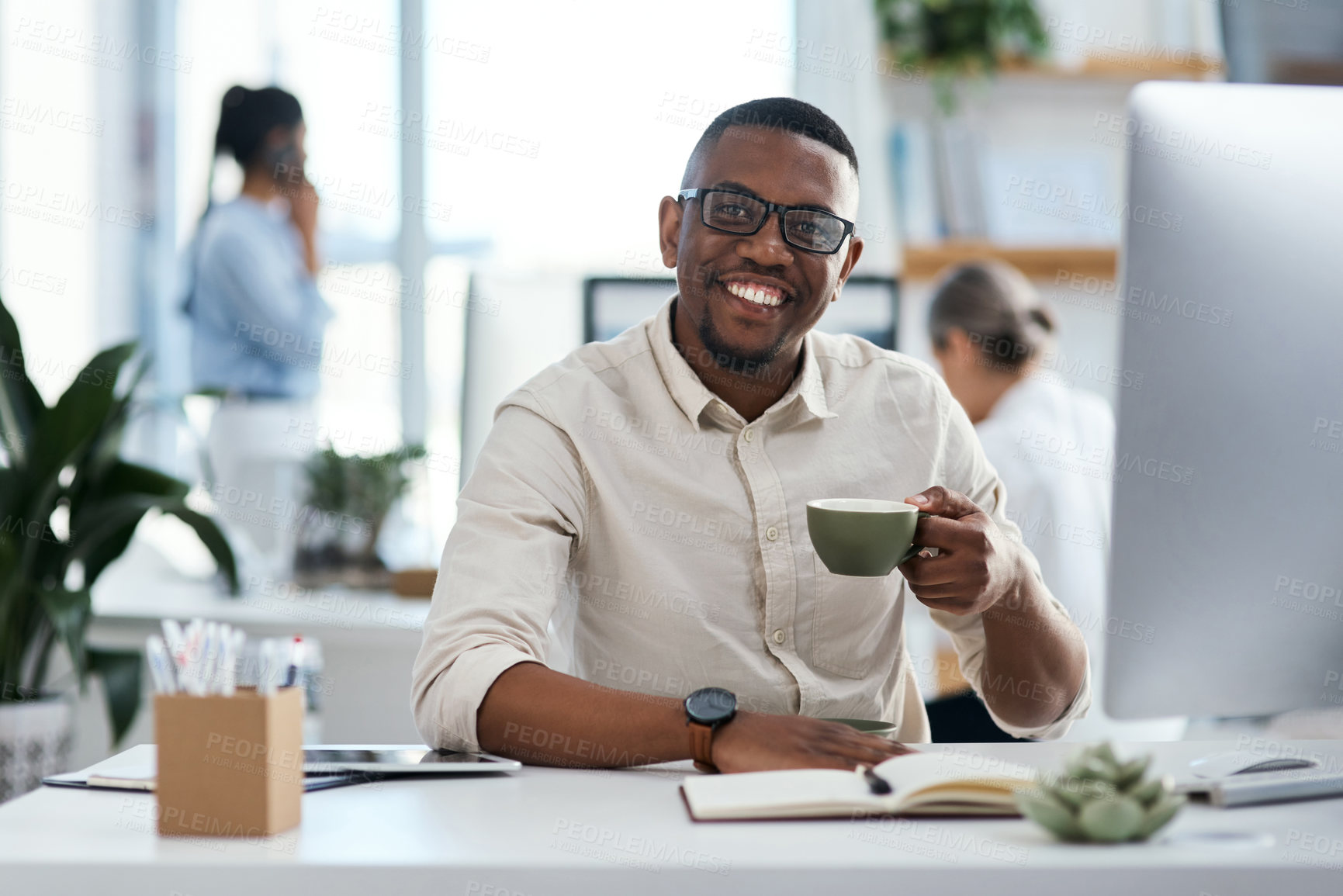 Buy stock photo Coffee, computer and portrait of man at digital agency with smile, ideas or creative developer in office. Coworking space, website designer or consultant at tech startup with drink, relax and happy