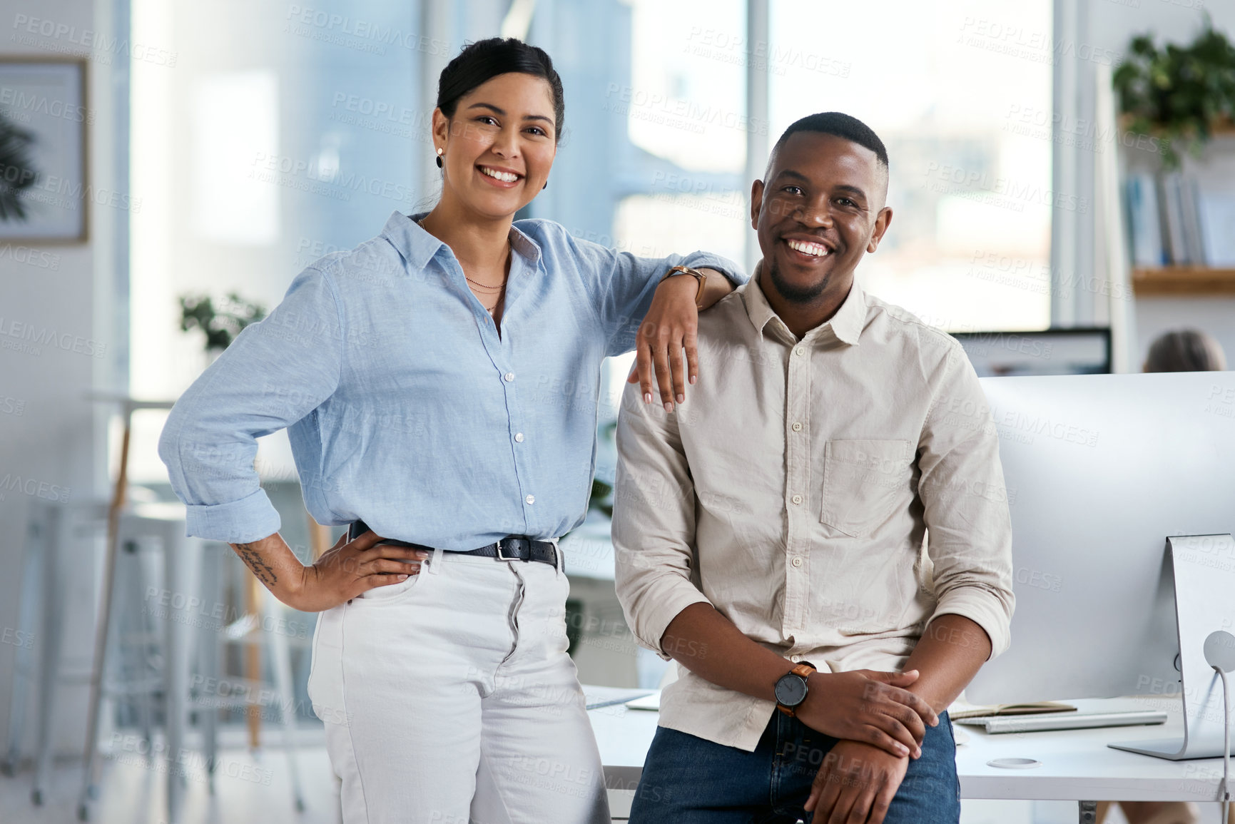 Buy stock photo Collaboration, happy and portrait with business people in office together for career development. Employee, mentor or teamwork with colleague man and woman in professional workplace for partnership