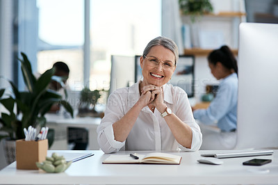 Buy stock photo Smile, portrait and mature woman at desk, digital agency or creative developer in office with confidence. Professional, designer or consultant with happy face at tech startup for project management