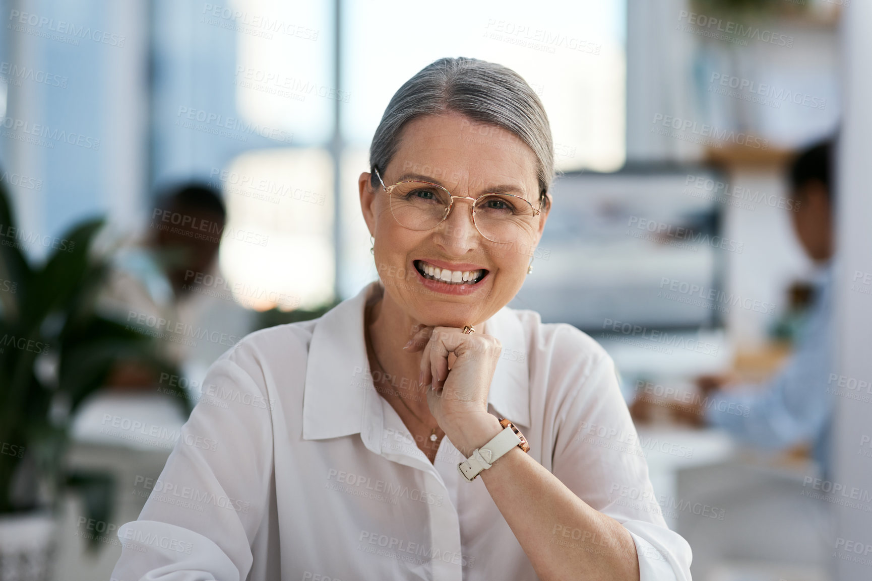 Buy stock photo Smile, portrait and mature woman at business office, digital agency or creative developer at desk with confidence. Professional, designer or happy consultant at tech startup for project management