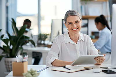 Buy stock photo Business, tablet and portrait of mature woman at digital agency, office or creative developer with confidence. Happy, designer or consultant at tech startup with online schedule, agenda and smile