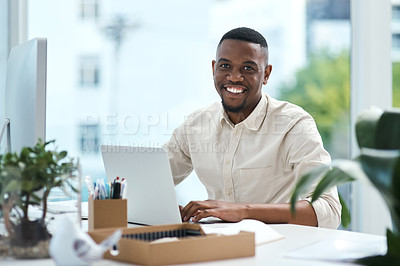 Buy stock photo Smile, laptop and portrait of black man in office, digital agency or creative developer with confidence. Happy, web designer or consultant at tech startup with planning, computer and online research