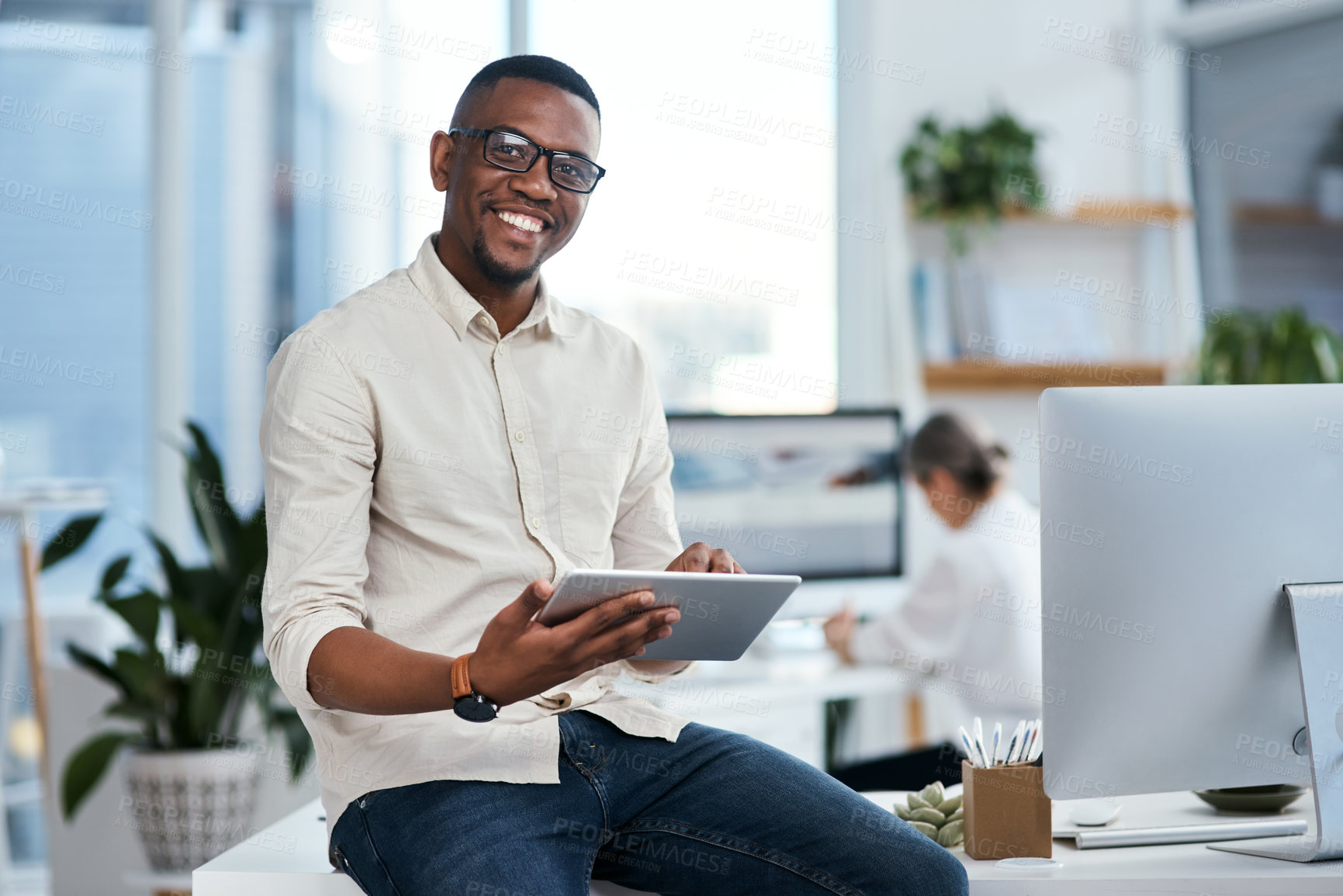 Buy stock photo Smile, tablet and portrait of black man at digital agency, office or creative developer with confidence. Happy, website designer or consultant at tech startup with online schedule, agenda or career