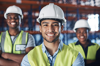 Buy stock photo Shot of a group of contractors standing in the warehouse together