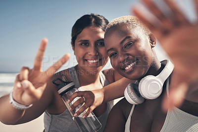 Buy stock photo Shout of two young women out for a workout together