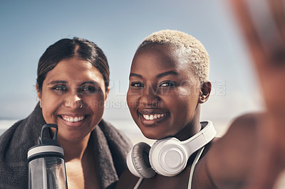 Buy stock photo Shout of two young women out for a workout together