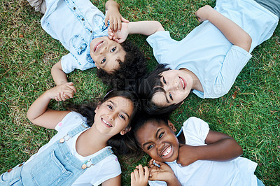 Buy stock photo Smile, circle and overhead portrait of children for outdoor nature, garden together or field. Happy, diversity and top view of young kids excited and laying on lawn or grass or play in summer