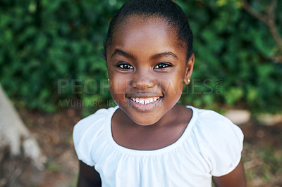 Buy stock photo Relax, smile and portrait of black child in garden for outdoor adventure, weekend and summer vacation. Kid, little girl and joyful in nature park for break, happiness and holiday fun in Nigeria