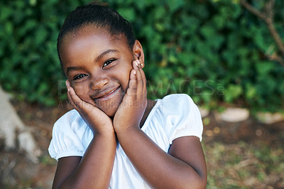 Buy stock photo Happy, kid and portrait of black child in backyard for outdoor adventure, weekend and summer holiday. Garden, little girl and shy with smile in nature for break, happiness and vacation fun in Nigeria