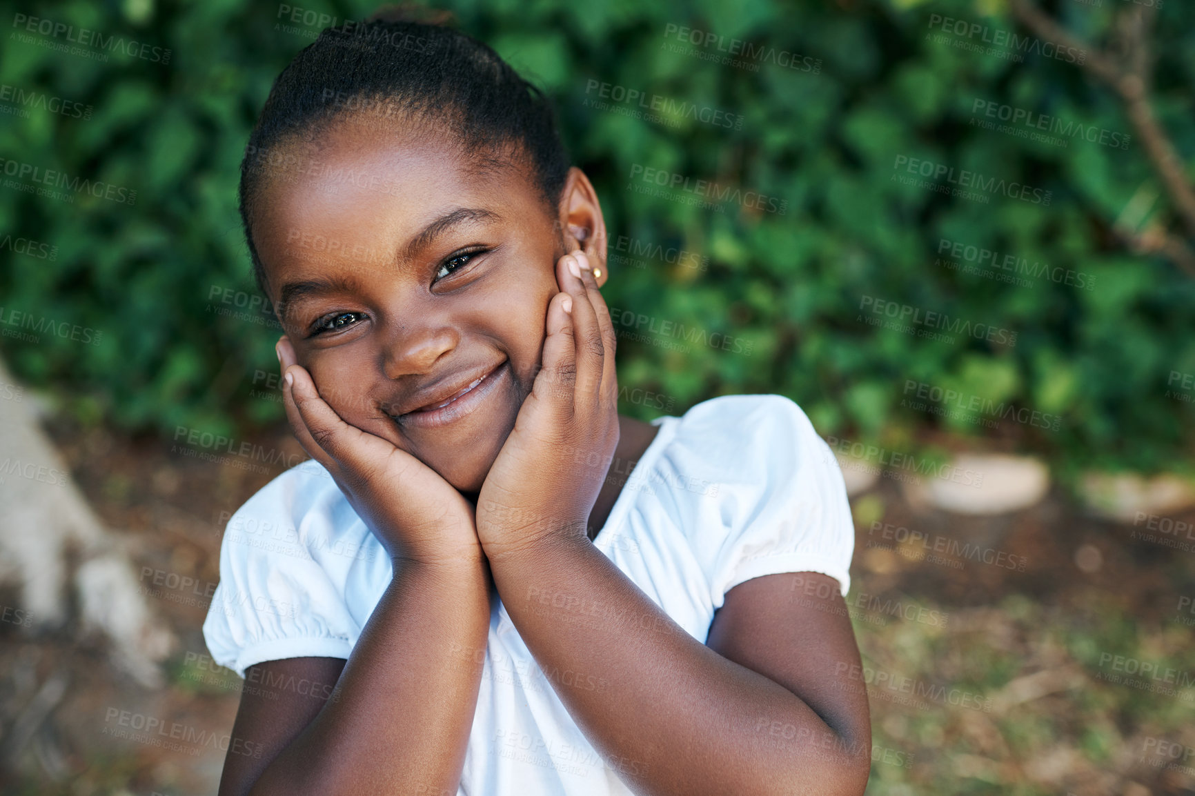 Buy stock photo Happy, kid and portrait of black child in backyard for outdoor adventure, weekend and summer holiday. Garden, little girl and shy with smile in nature for break, happiness and vacation fun in Nigeria