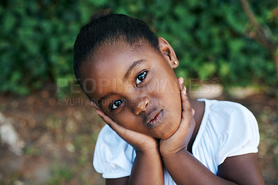 Buy stock photo Happy, relax and portrait of black kid in garden for outdoor adventure, vacation and summer holiday. Child, little girl and pout by green grass on lawn for weekend break, fun and calm in nature park