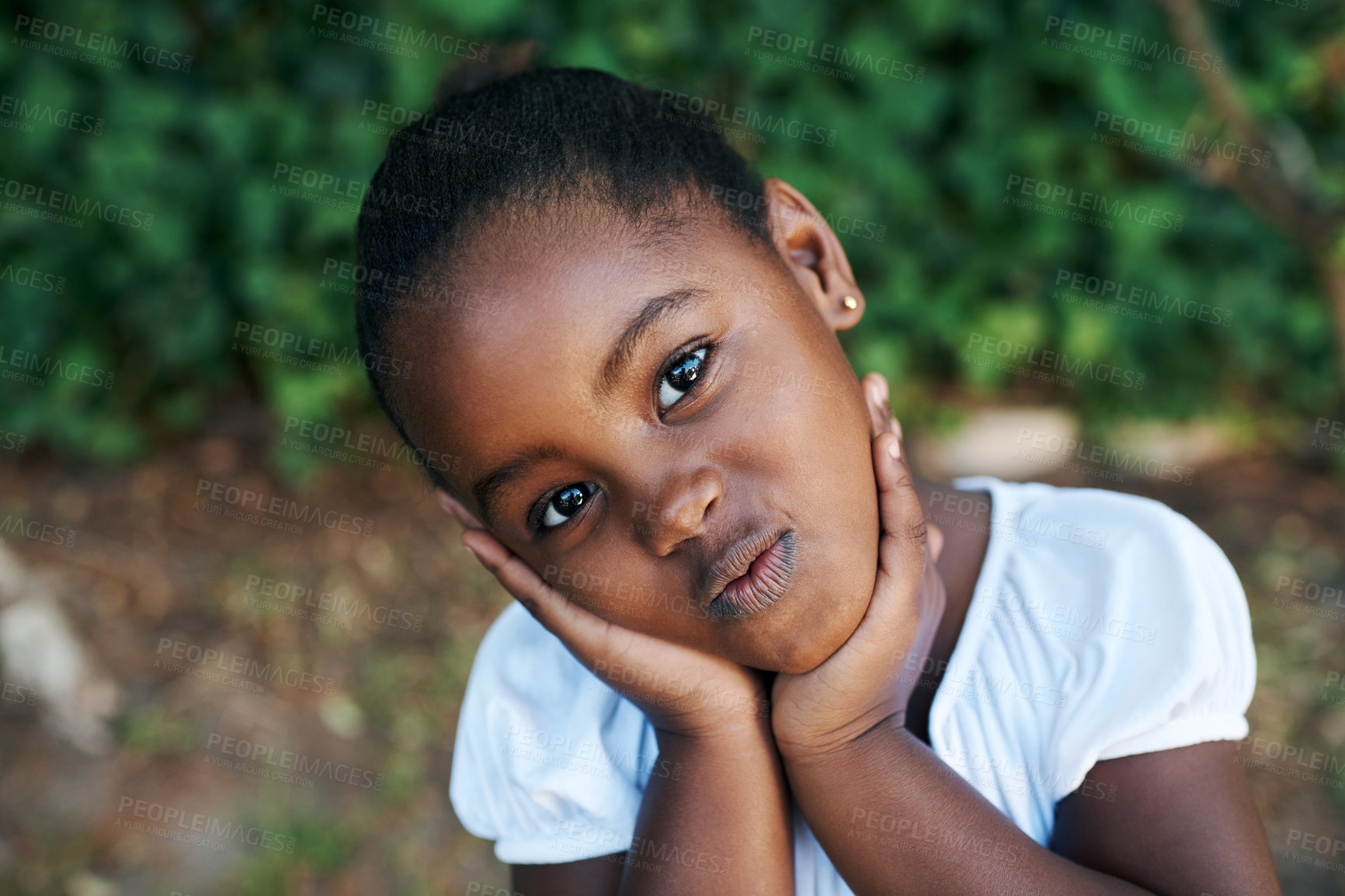 Buy stock photo Happy, relax and portrait of black kid in garden for outdoor adventure, vacation and summer holiday. Child, little girl and pout by green grass on lawn for weekend break, fun and calm in nature park