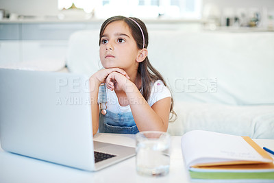 Buy stock photo Laptop, elearning and tired kid by desk in home for child development, homework and knowledge. Technology, bored and girl student in virtual class with computer for online distance education at house