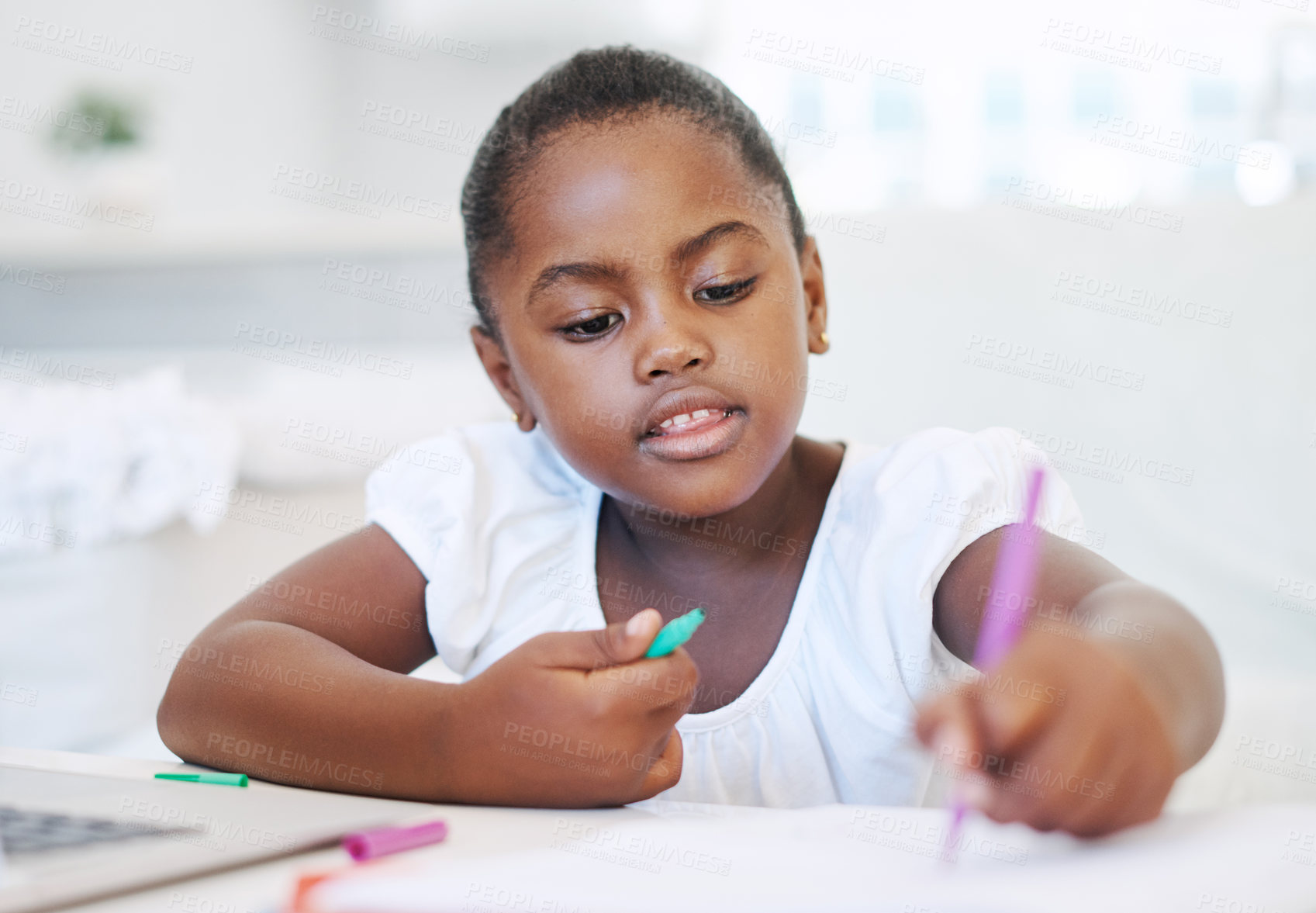 Buy stock photo Drawing, education and kid by desk in home for child development, homework and knowledge. Creative, writing and young girl student with pencils for assignment, project or school test at house.