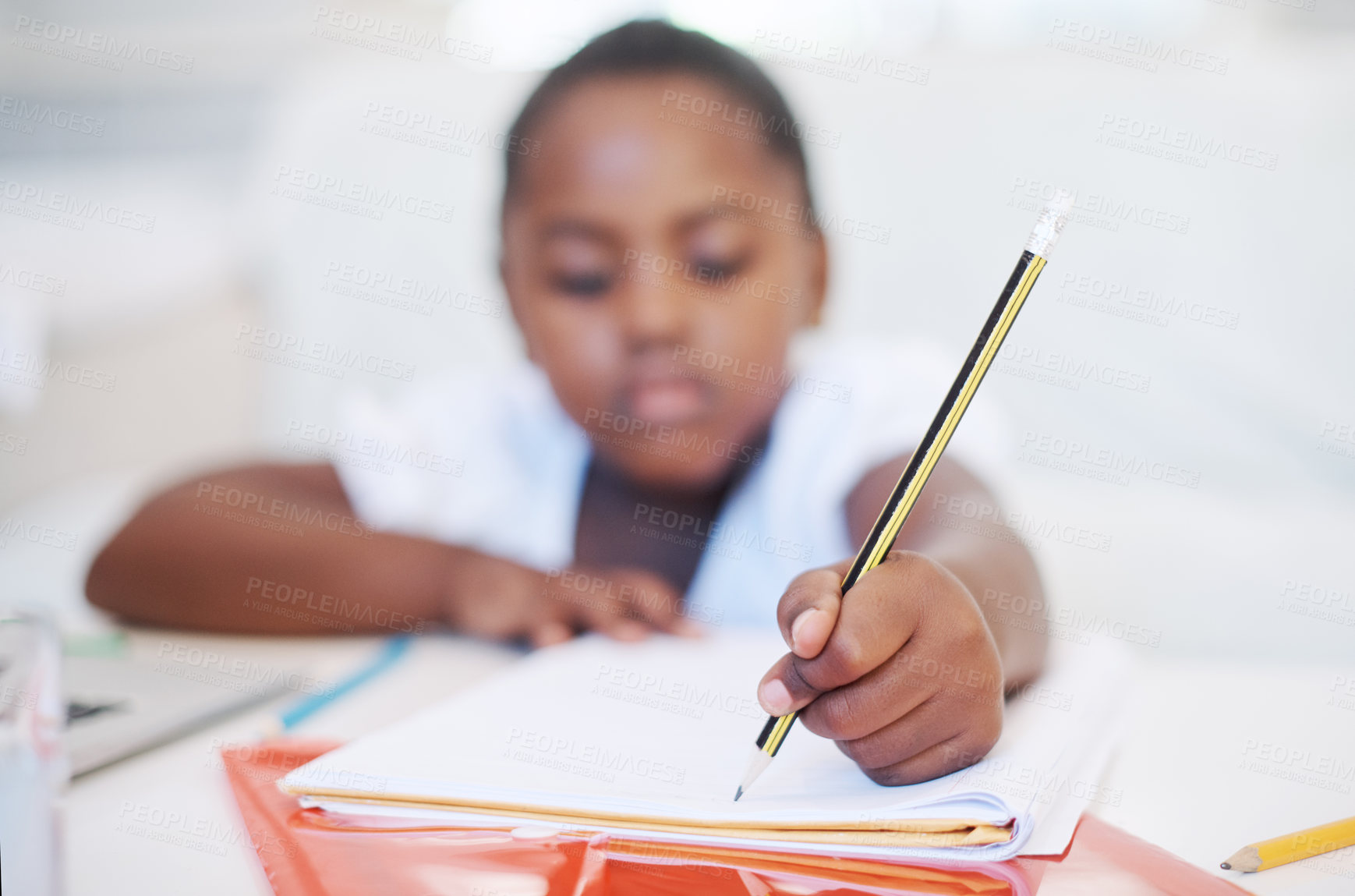 Buy stock photo Homework, education and black girl writing, book and knowledge with thinking, activity and artistic. Closeup, student and kid with ideas, childhood development and school with creativity and pencil