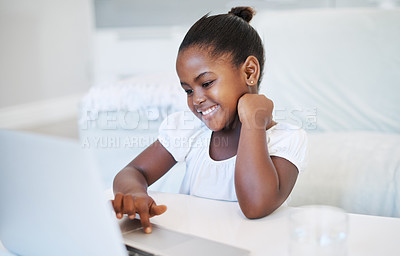 Buy stock photo Laptop, online class and child by desk in home for development, homework and knowledge. Technology, elearning and girl student in virtual lesson with computer for online distance education at house.