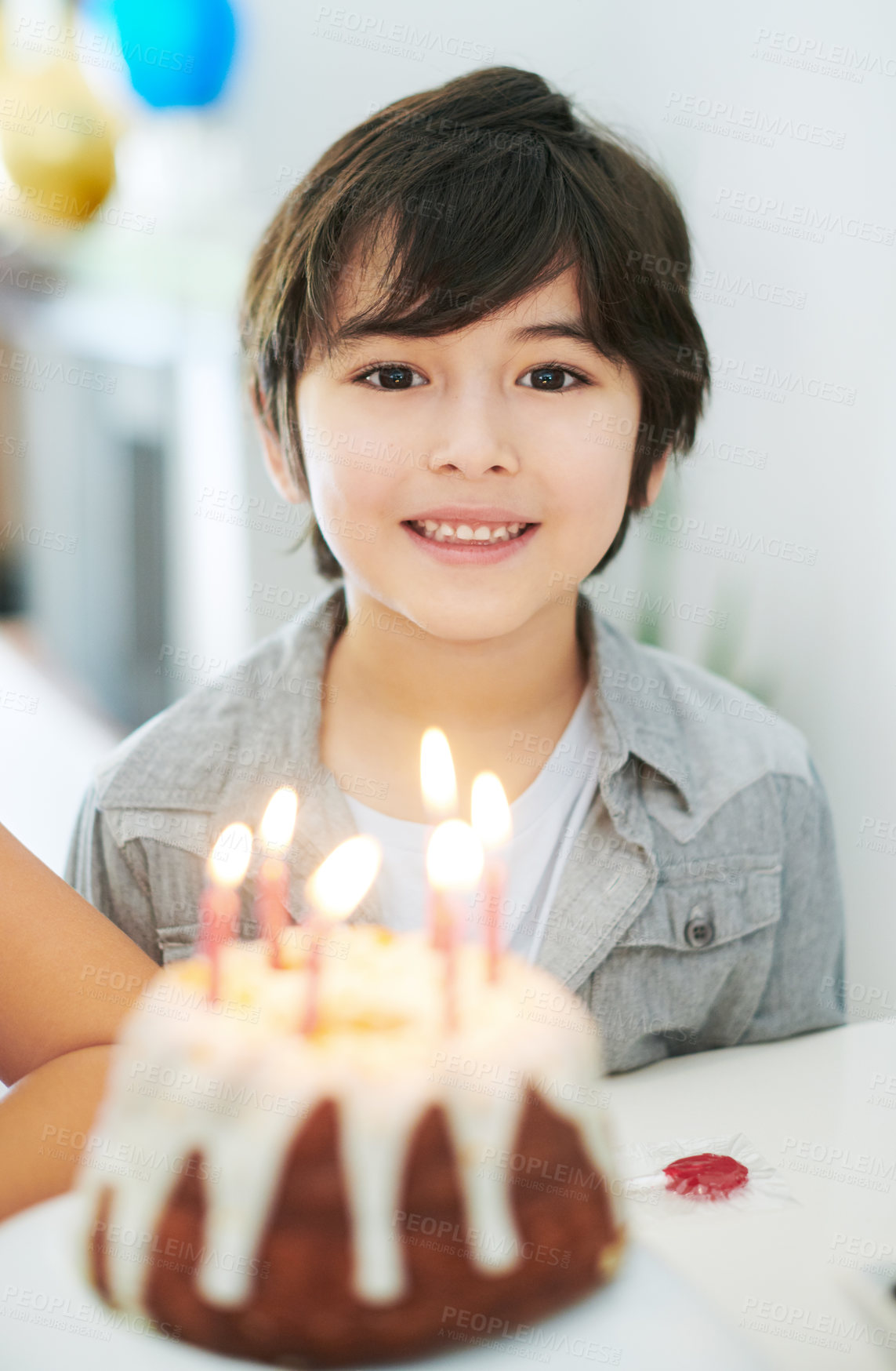 Buy stock photo Child, portrait and birthday cake or home party for celebration dessert, candles or happiness. Kid, boy and face or sweets snack at milestone event or youth surprise in apartment, joy or positive