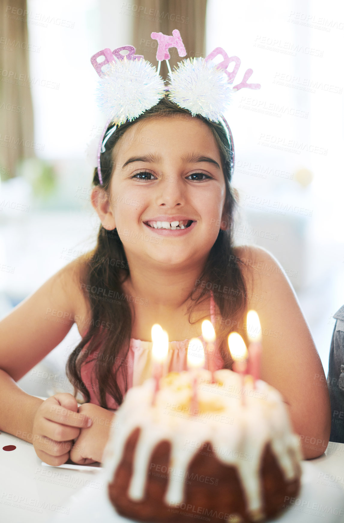 Buy stock photo Child, portrait and birthday party with cake or celebration dessert for special event, candles or happiness. Female person, girl and face with smile for weekend fun or sweet snack, milestone or home