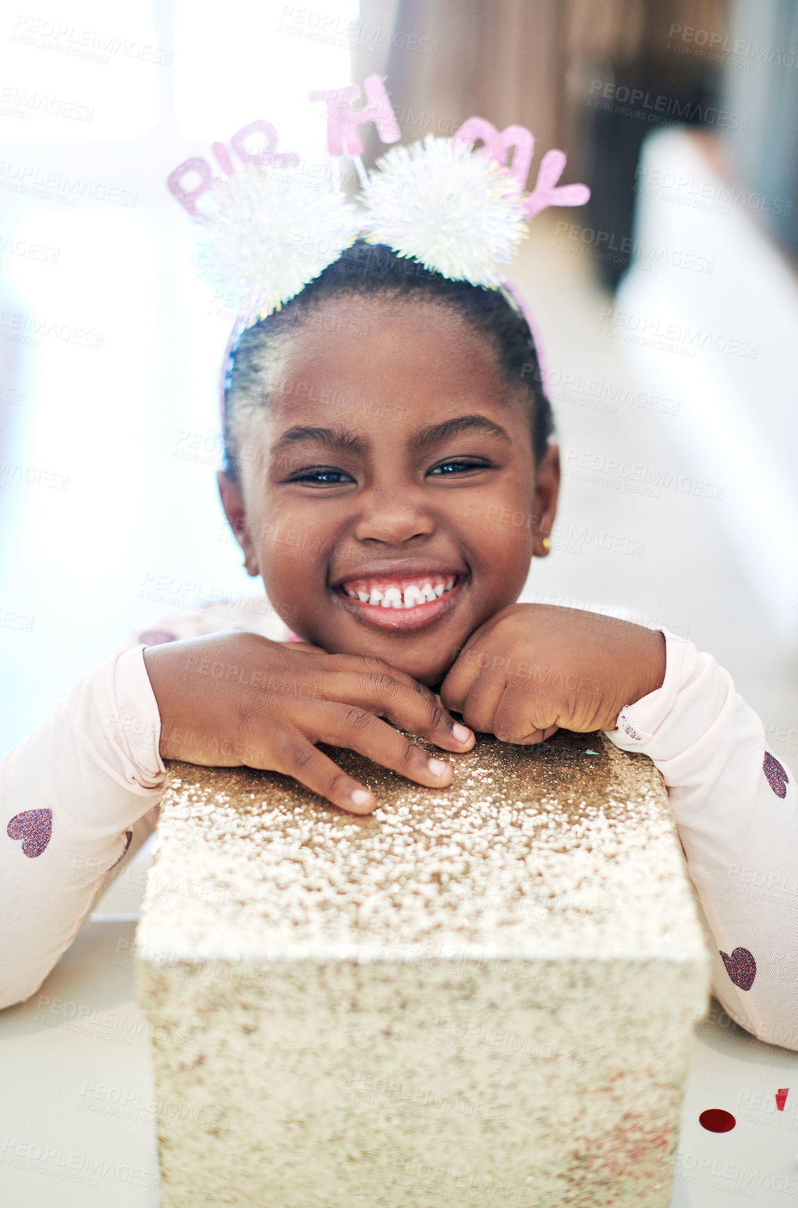 Buy stock photo Small girl, portrait and gift in house for birthday, surprise and summer memory at fun party. Black child, happiness and present in box at home living room for social children event and celebration