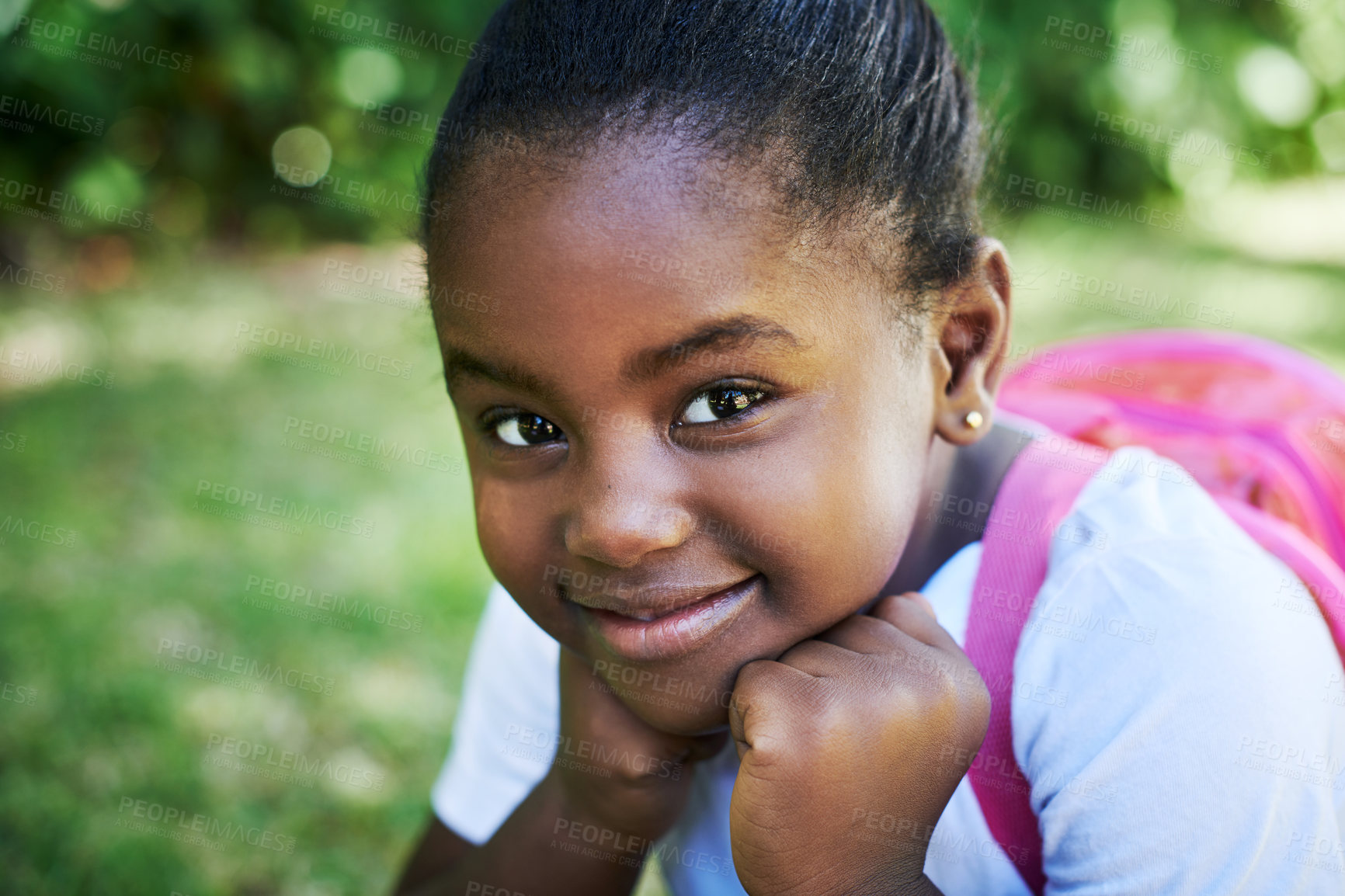 Buy stock photo Black girl, portrait and confident at school in outdoor, scholarship and backpack for education. Female person, student study and ready for learning or knowledge, information and child development