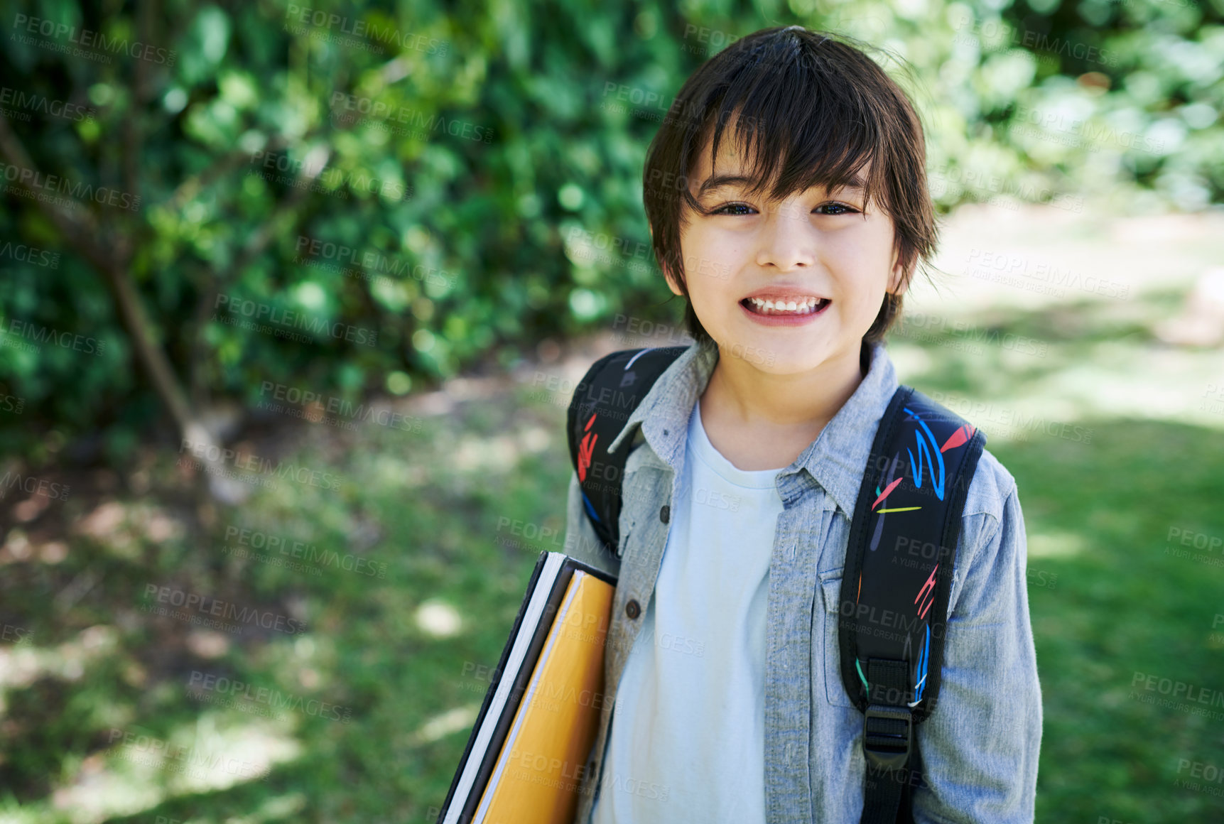 Buy stock photo Asian boy, portrait and books for learning in outdoor, back to school and scholarship for education. Male person, student and ready for study or knowledge, information and academy for kid development