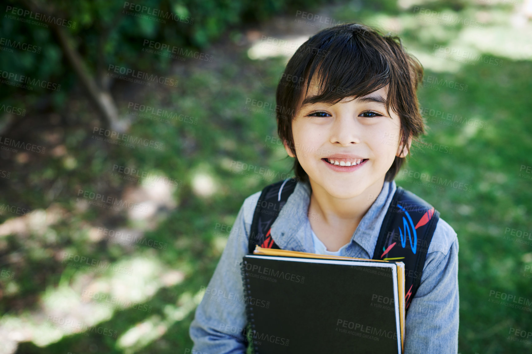 Buy stock photo Asian boy, portrait and student for study in outdoor, back to school and scholarship for education. Male person, learner and notebooks for learning or knowledge, information and child development