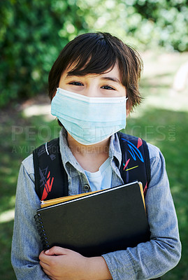 Buy stock photo Boy, face mask and books for school in outdoor, confident and backpack for education. Male person, student and safety for virus or protect against germs, learning and child development at academy