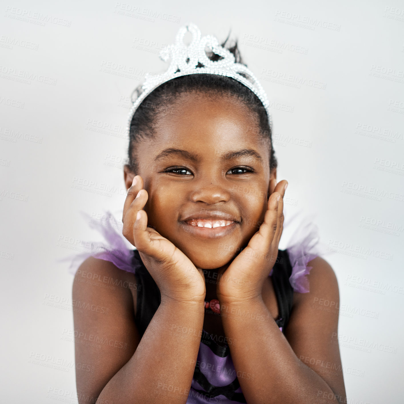 Buy stock photo Halloween, portrait and child in studio with costume for fantasy event, birthday party and crown. Face, young African girl and tiara for creative fashion and princess clothes by white background